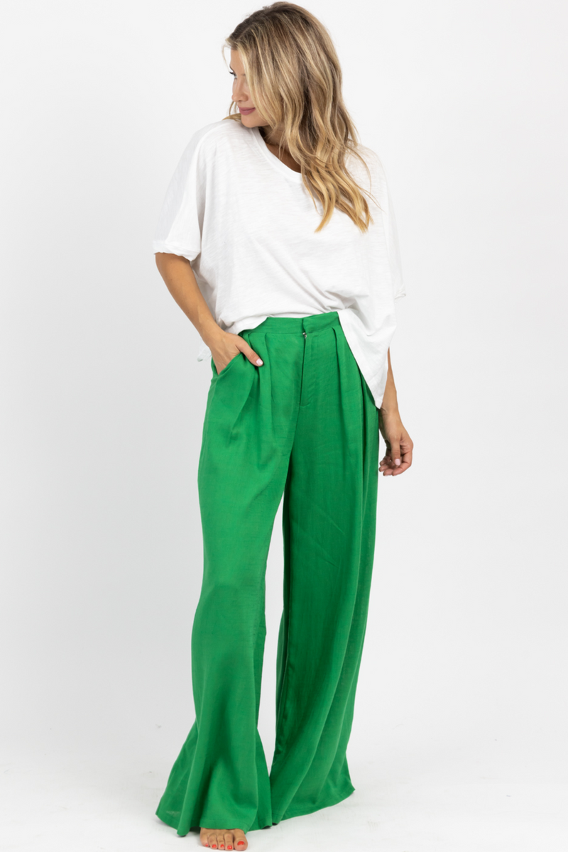 Gia by Westside Solid Emerald Green Wide Leg Trousers